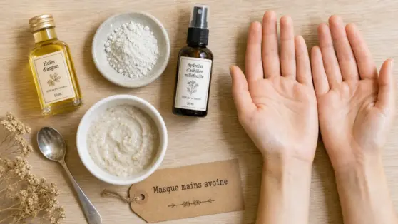 Recette avoine colloidale masque mains : bol et mains sèches