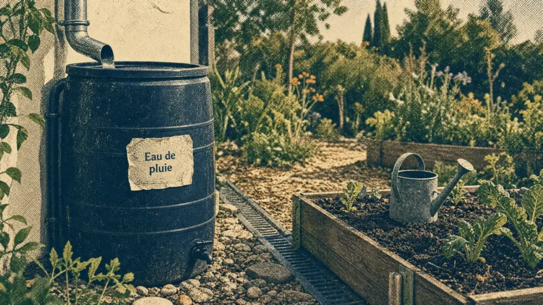 Récupérer l’eau de pluie au jardin : cuve de récupération reliée à la gouttière