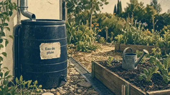 Récupérer l’eau de pluie au jardin : cuve de récupération reliée à la gouttière