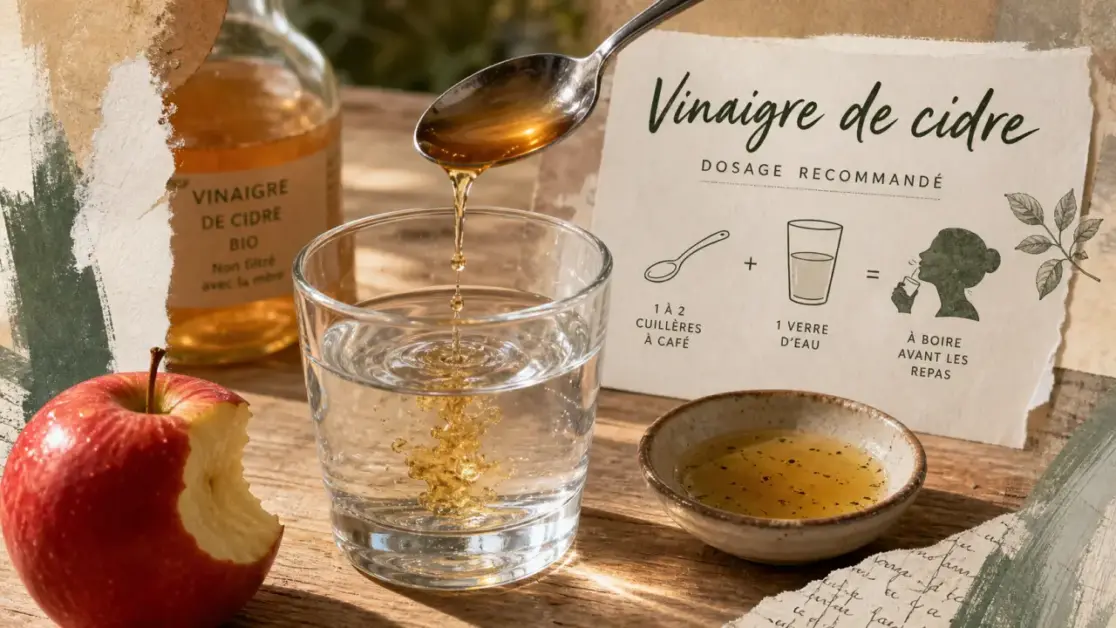 Régime et vinaigre de cidre : 10 ml de vinaigre de cidre par jour, avec verre et pomme