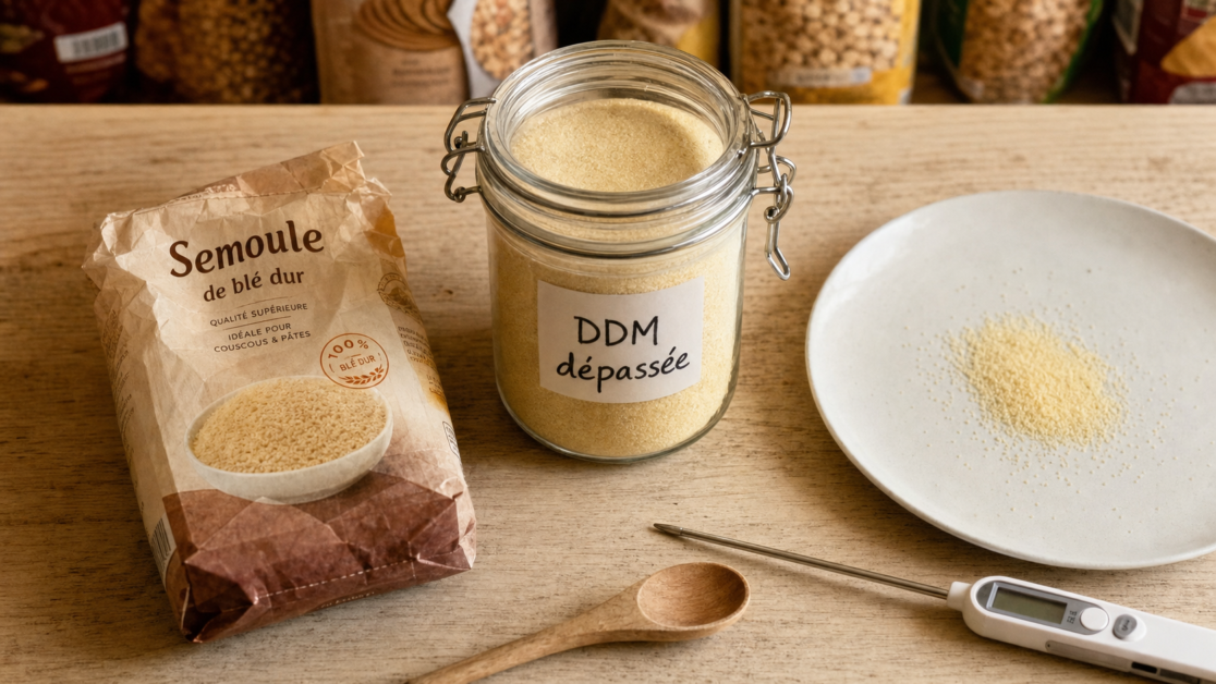 Semoule périmée : bocal avec DDM dépassée, grains secs visibles