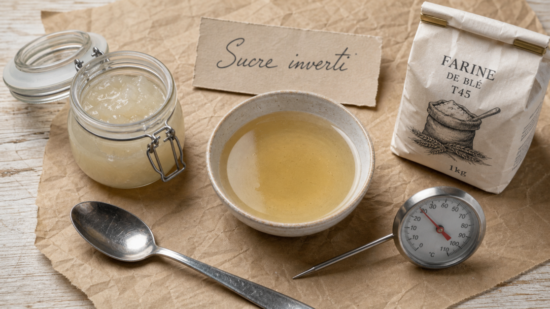 Sucre inverti : pot de pâte et sirop sur table