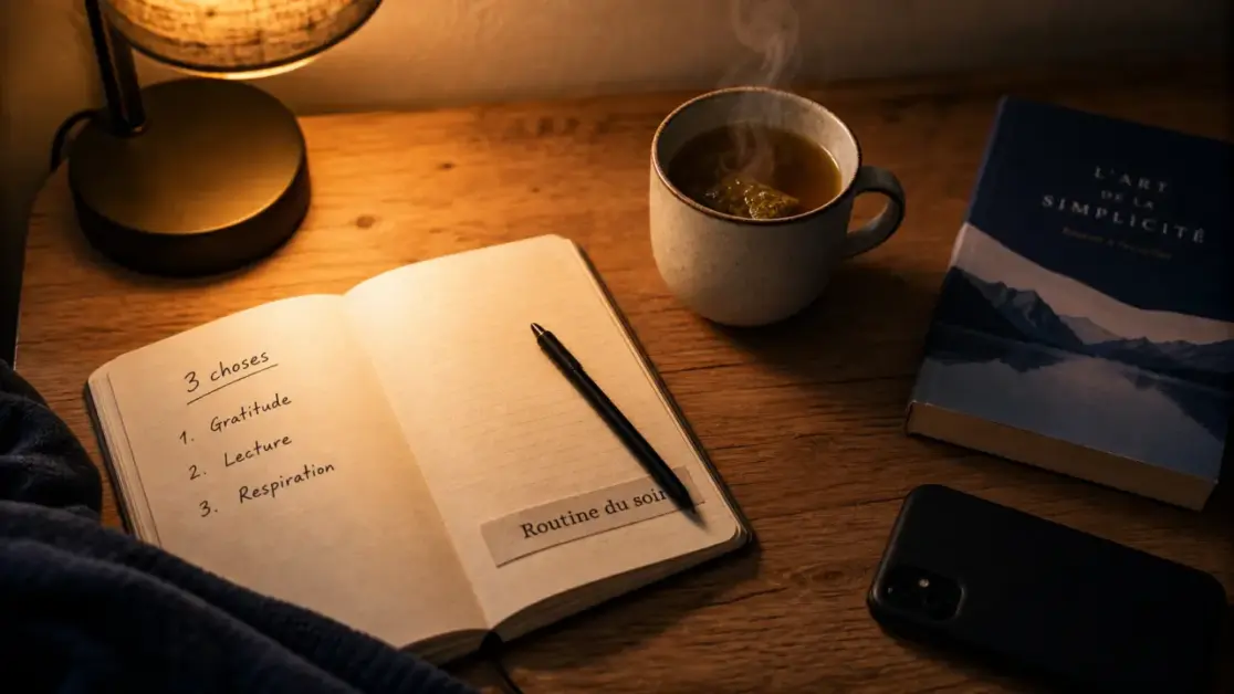 Une routine du soir pour bien dormir : tisane, carnet et lampe