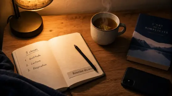 Une routine du soir pour bien dormir : tisane, carnet et lampe