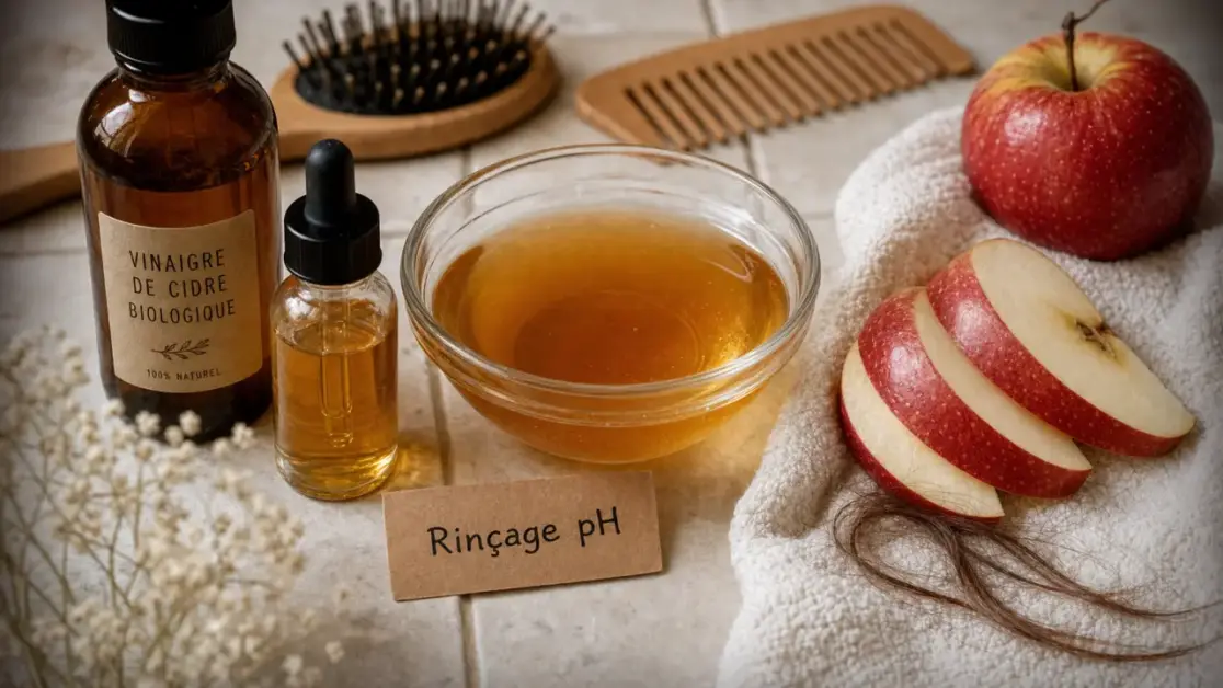 Vinaigre de cidre et cheveux : bol de rinçage pH sur carrelage clair
