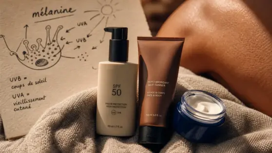 Crème SPF 50 et mélanine pour bronzage naturel sans abîmer la peau