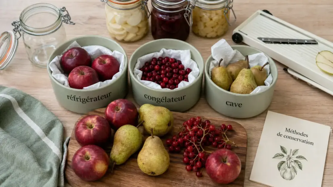 Conservation fruit : pommes et fruits séparés, 4°C réfrigérateur et 6–10°C cave
