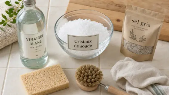 Cristaux de soude vinaigre sel pour nettoyer efficacement, utilisés séparément