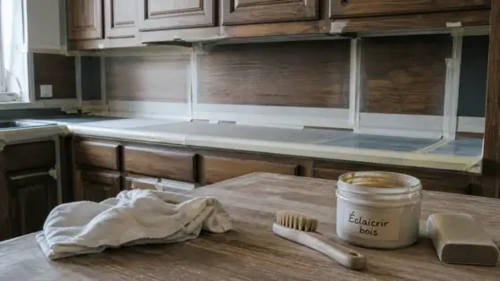 eclaircir le bois foncé en atelier, cuisine en chêne partiellement éclaircie