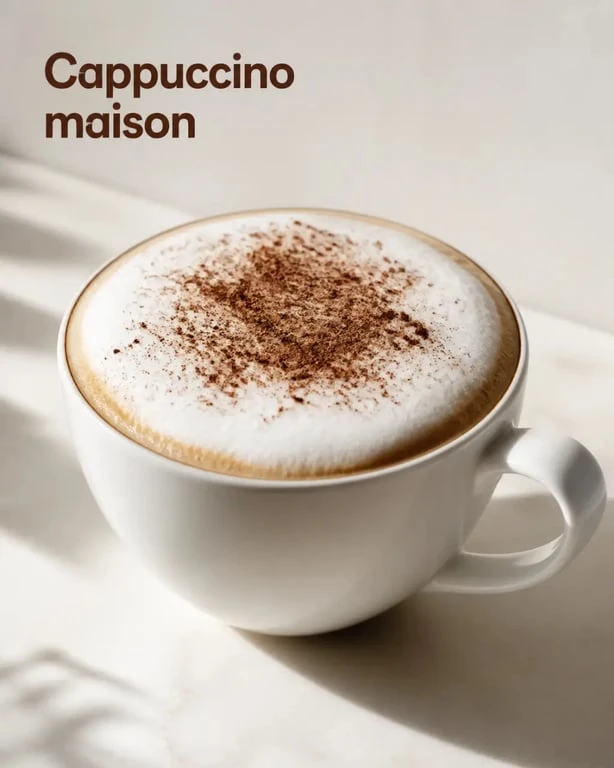 Recette cappuccino maison dans une tasse blanche avec mousse de lait et cacao