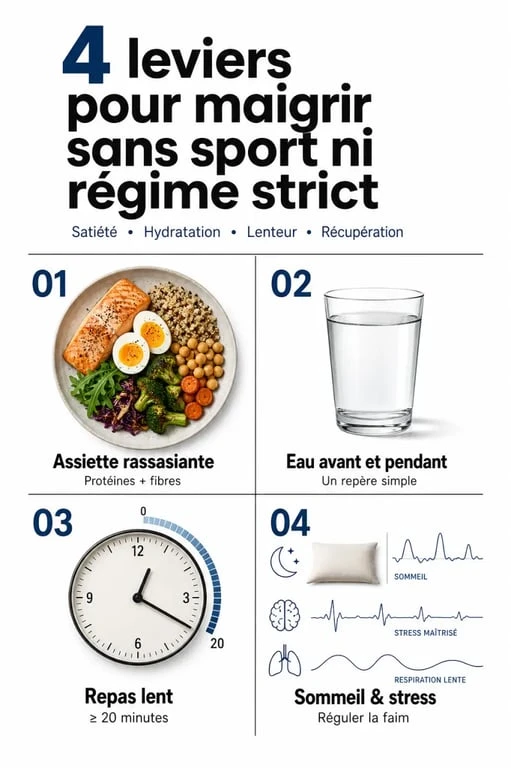 Maigrir sans sport ni régime : illustration des leviers protéines, fibres, hydratation, sommeil et stress