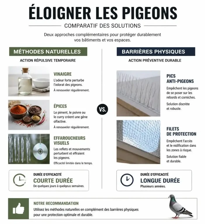 Infographie comparative des méthodes pour faire fuir les pigeons : solutions naturelles versus barrières physiques durables.