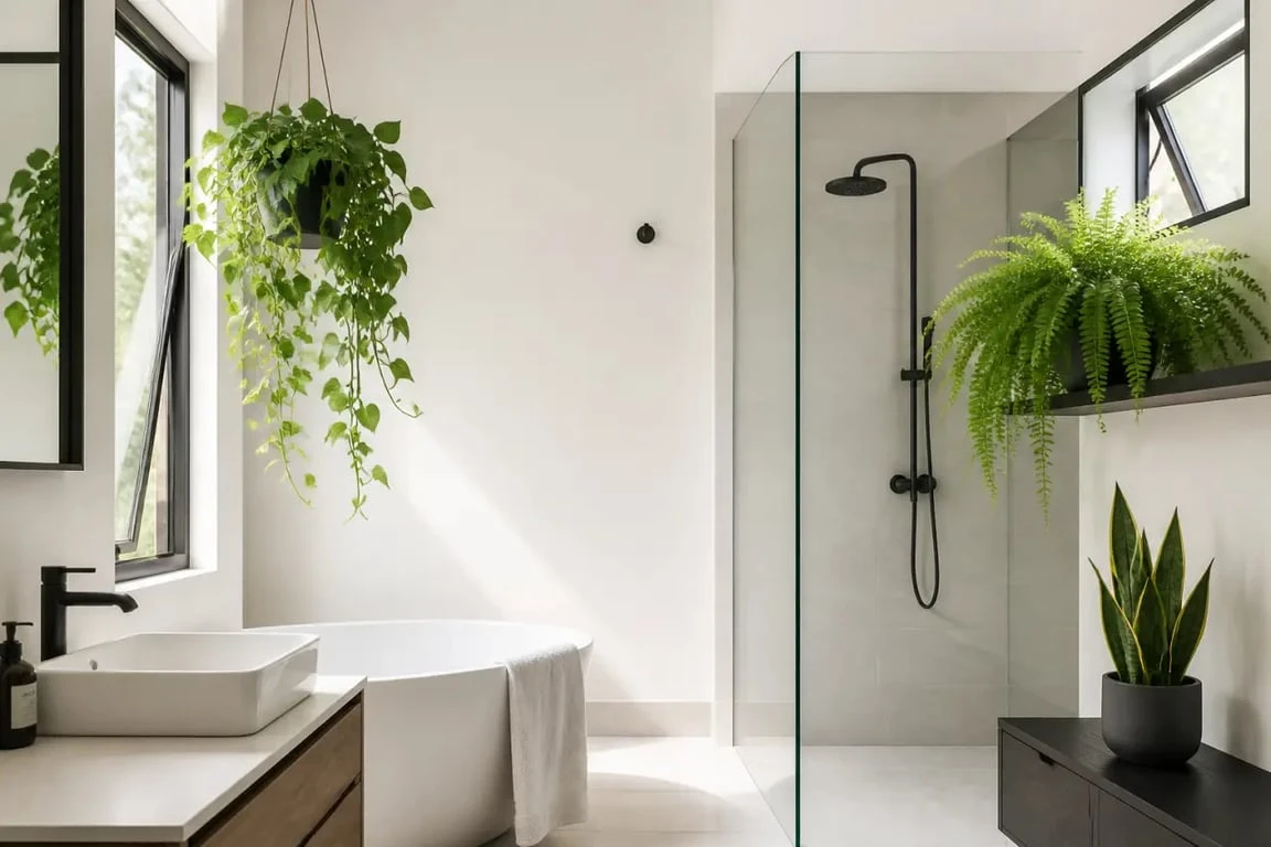 Plantes faciles pour salle de bain installées près de la fenêtre, en suspension et sur une étagère