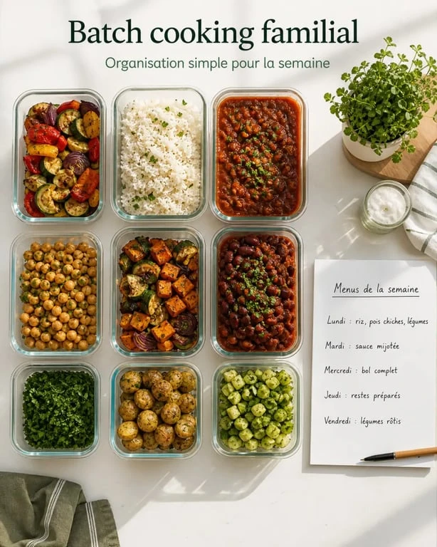 Recettes batch cooking : boîtes de repas, légumes rôtis et menus hebdomadaires organisés sur un plan de travail