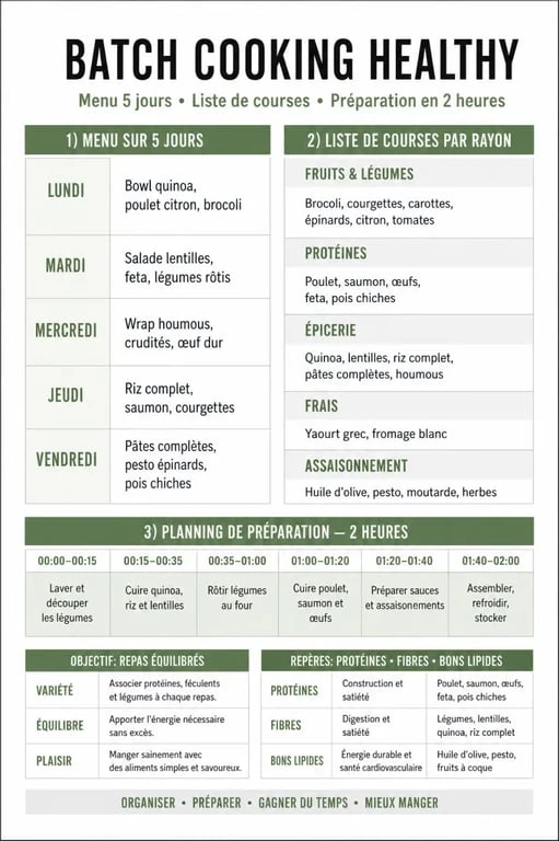 Batch cooking healthy pdf gratuit avec menu semaine, liste de courses et planning de préparation sur une page imprimable