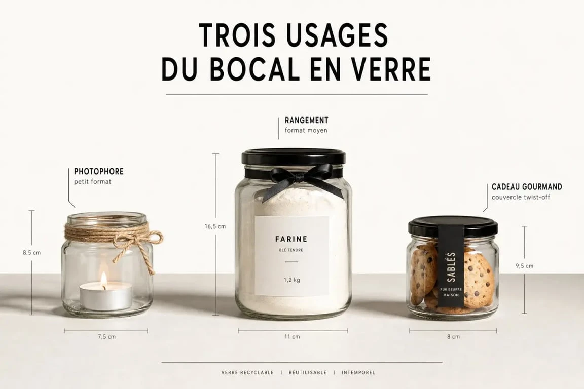 Déco bocaux : trois bocaux en verre décorés pour la table, le rangement et un cadeau gourmand