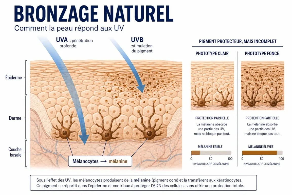 Bronzage naturel : schéma de la mélanine, des UVA et des UVB