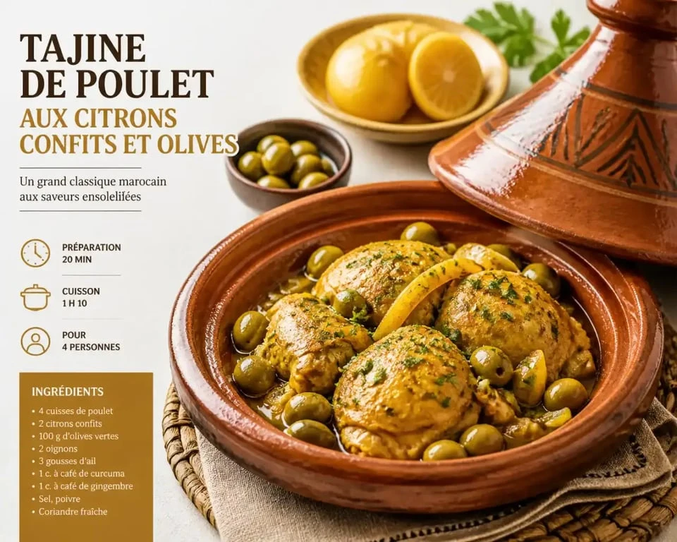 Tajine de poulet aux citrons confits et olives dans un plat tajine en terre cuite