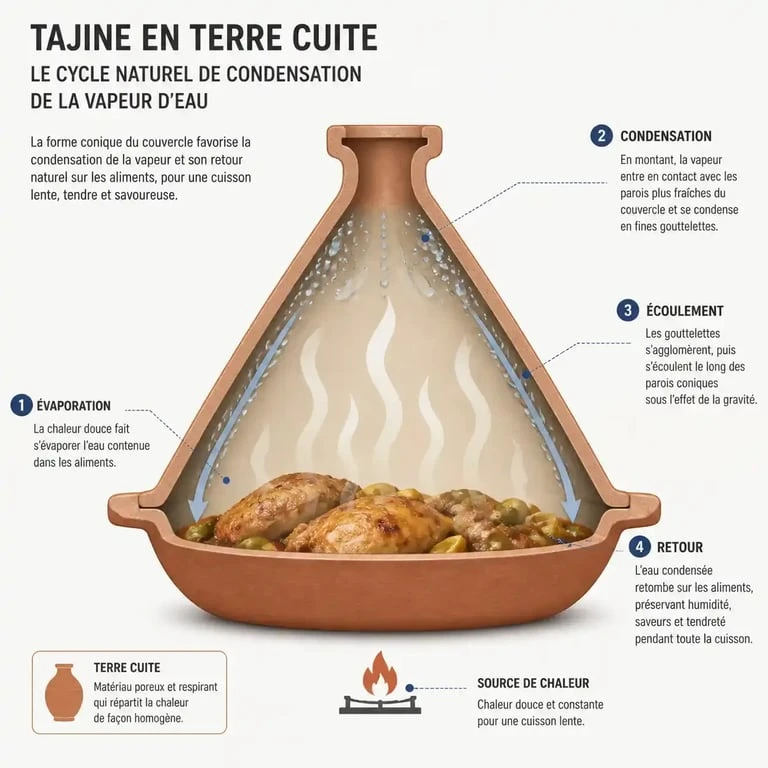 Schéma de fonctionnement d'un plat tajine en terre cuite montrant la condensation