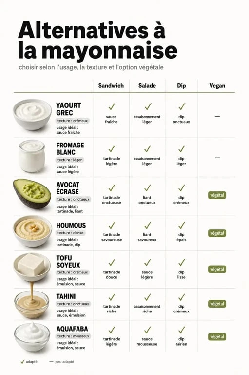Remplacer la mayonnaise par quoi : tableau visuel des meilleures alternatives selon le plat