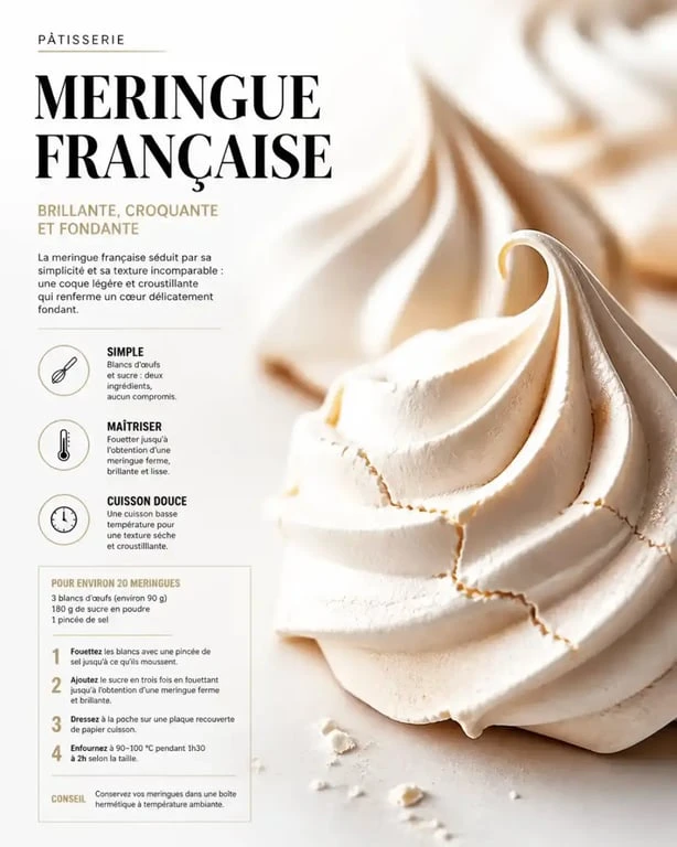 Meringue française réalisée avec du blanc d'œuf en bouteille
