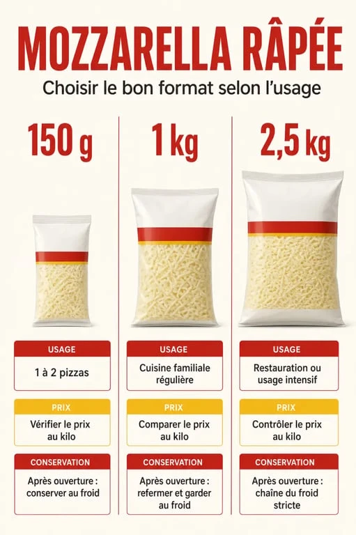 Mozzarella râpé : comparatif des formats 150 g, 1 kg et 2,5 kg avec usages et conservation