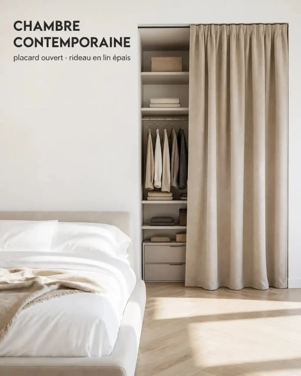 Idée pour fermer un placard sans porte avec un rideau en lin dans une chambre