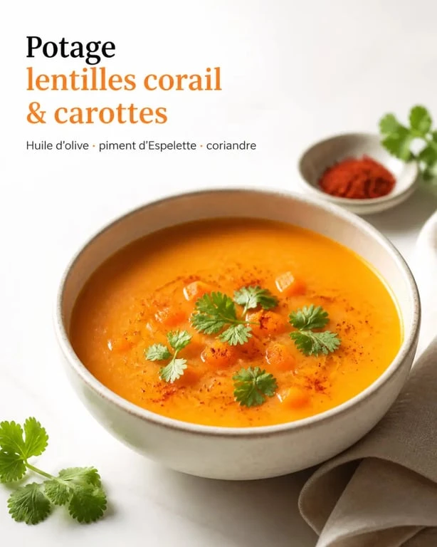Potage lentilles corail carottes onctueux servi en bol avec coriandre fraîche
