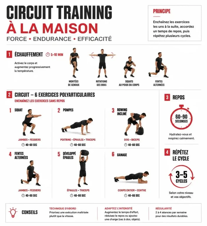 Infographie illustrant une routine d'exercice de musculation à la maison
