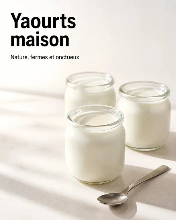 Faire des yaourts maison : pots de yaourt nature en verre à la texture ferme et lisse