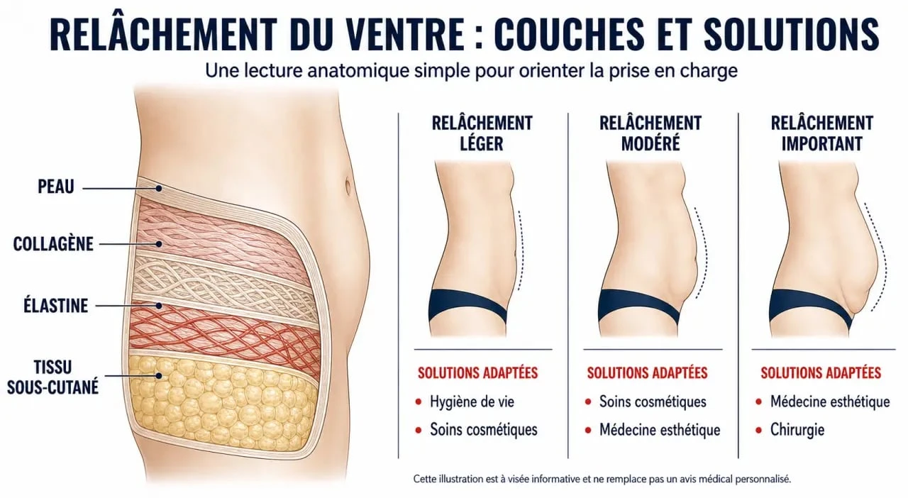 Raffermir peau ventre : schéma éditorial des couches cutanées et des solutions selon le niveau de relâchement
