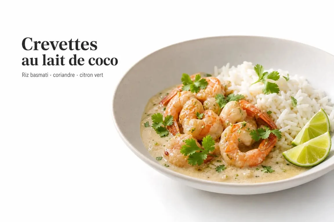 Recette crevettes au lait de coco servie avec riz basmati, coriandre et citron vert