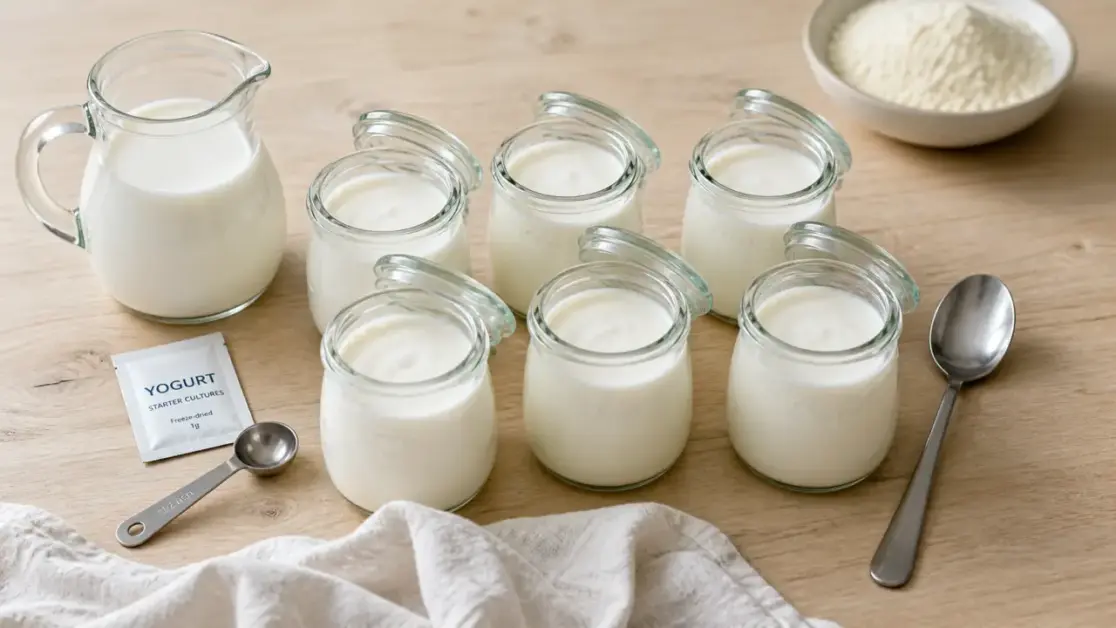 Faire des yaourts maison : pots de yaourt au lait entier, fermentation 8 à 12 h