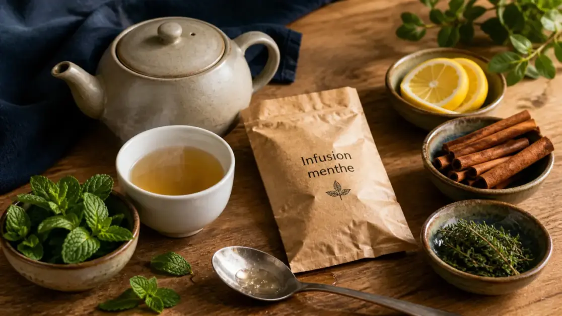 Infusion infusion sans théine : tisane menthe, citron, cannelle