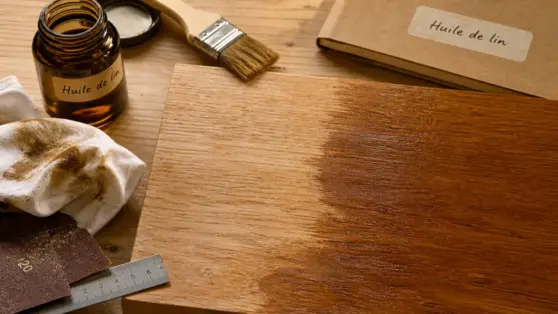 Lhuile de lin bois sur chêne : 2 à 3 couches, chiffon et pot d’huile