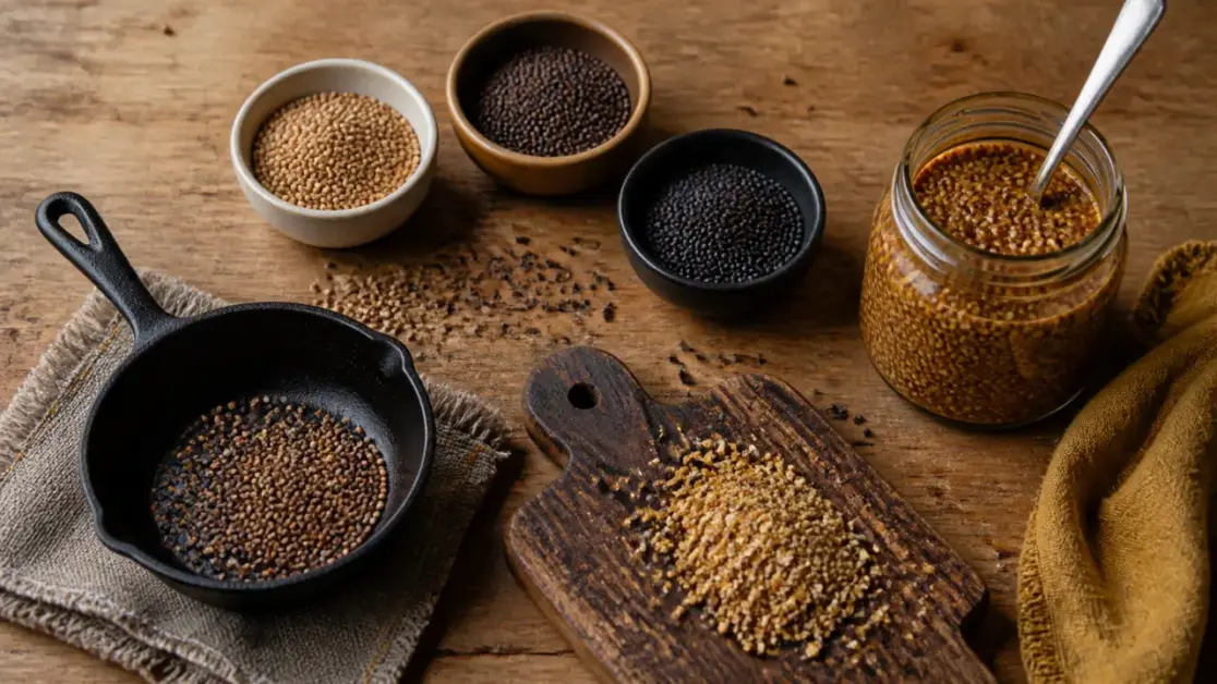 Moutarde grain blanche, brune et noire, graines en cuisine