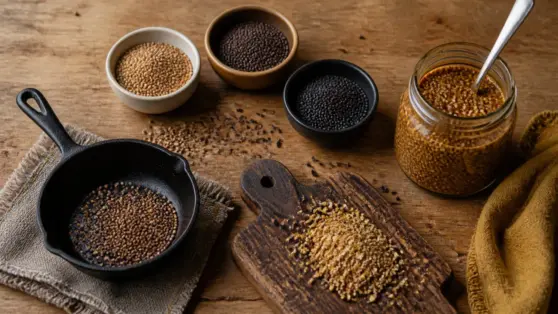 Moutarde grain blanche, brune et noire, graines en cuisine