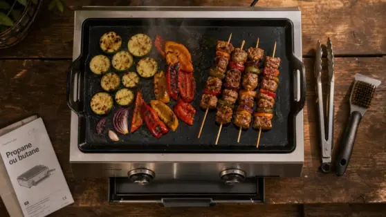 Plancha a gaz : propane ou butane, 2 ou 3 brûleurs, légumes grillés