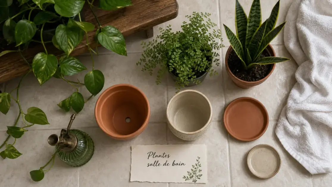 Plantes faciles pour salle de bain : pothos, fougère et sansevieria en pot dans une salle de bain