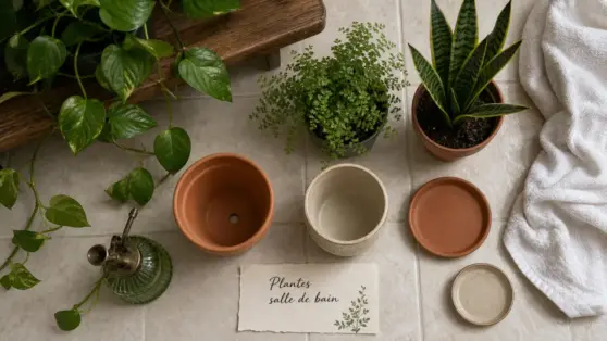 Plantes faciles pour salle de bain : pothos, fougère et sansevieria en pot dans une salle de bain