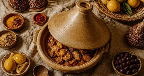 Plat tajine en terre cuite, poulet effiloché et sauce ambrée