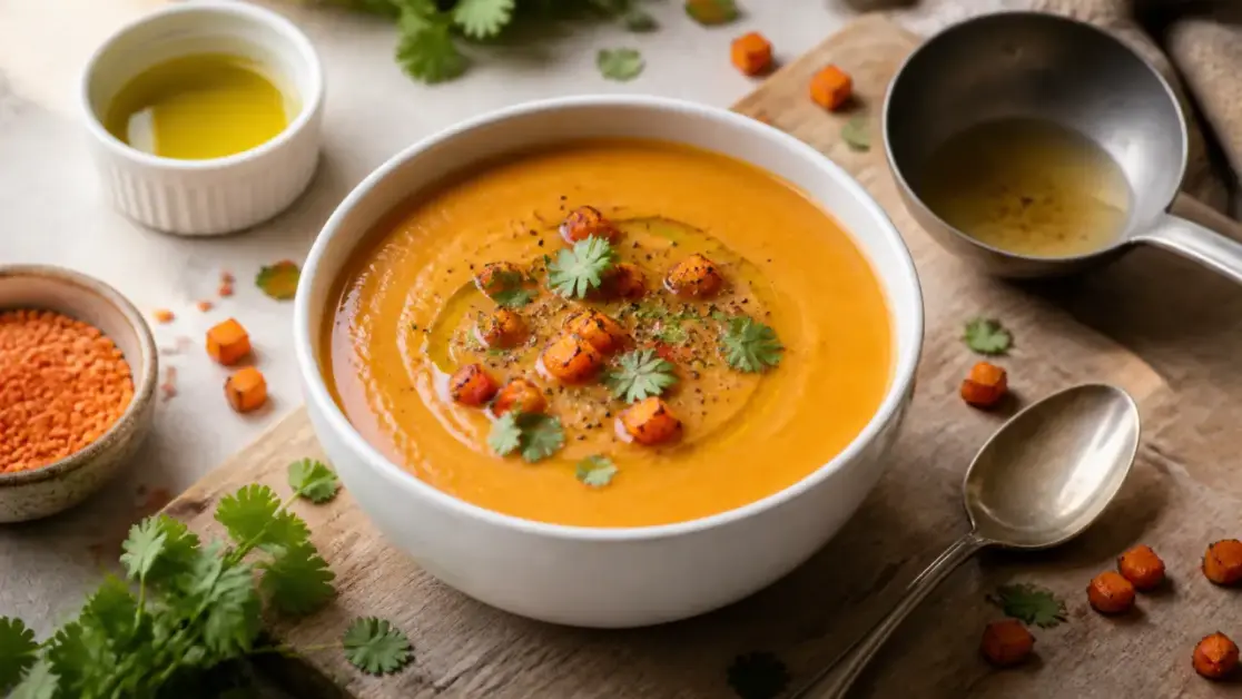 Potage lentilles corail carottes onctueux, bol orange