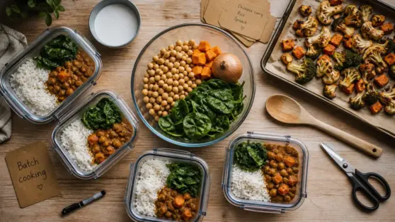 Recettes batch cooking : boîtes de pois chiches, riz et épinards, 2 heures