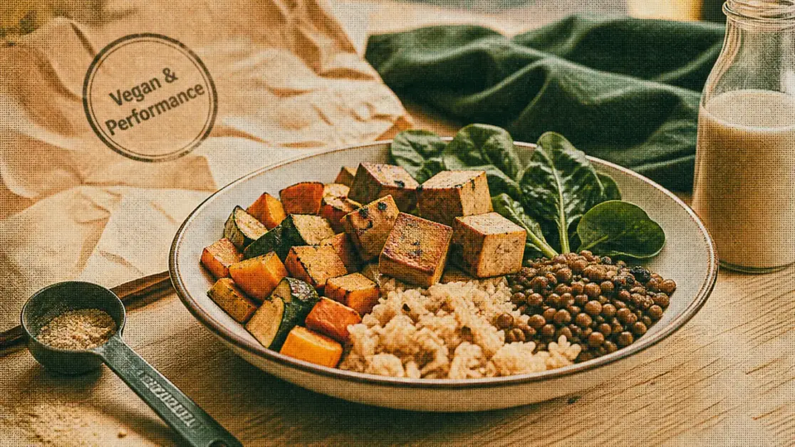 Sportif vegan : assiette riz, tofu, lentilles pour muscle et récupération sans carence