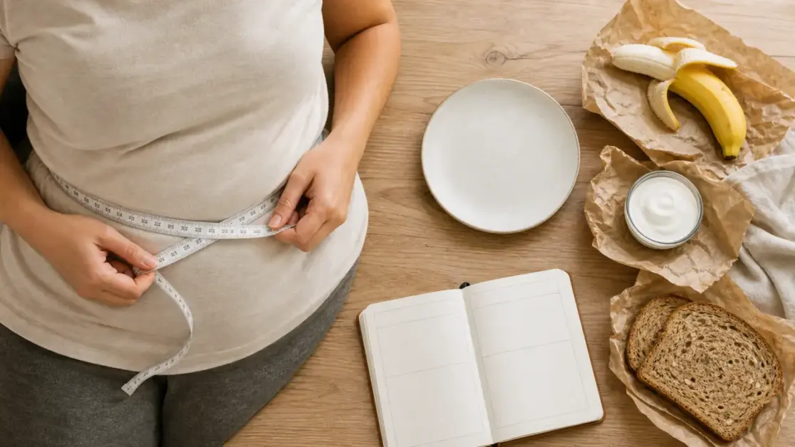 Type de ventre femme : mètre ruban sur le ventre, t-shirt et aliments pour ventre gonflé ou hormonal