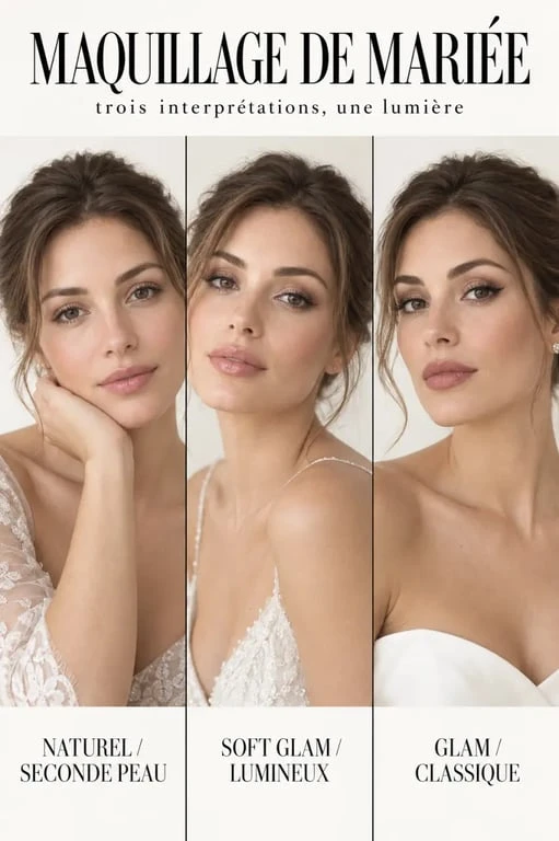 Maquillage mariage naturel, soft glam et glam classique sur trois mariées