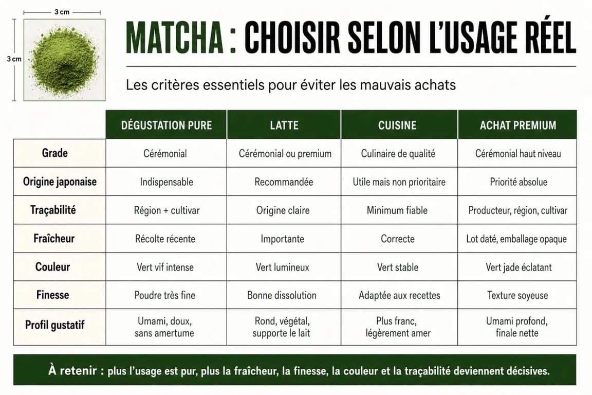Le meilleur matcha : tableau visuel des usages, des grades et des critères de qualité