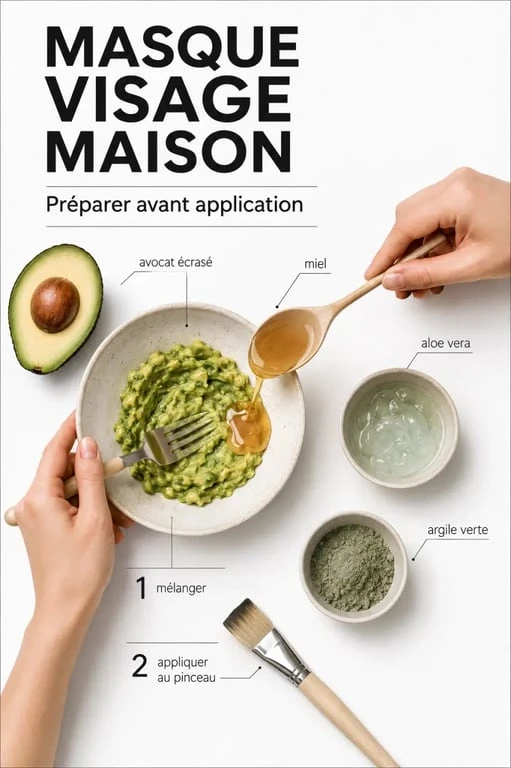 Préparation d'un soin pour visage naturel maison avec avocat, miel et aloe vera