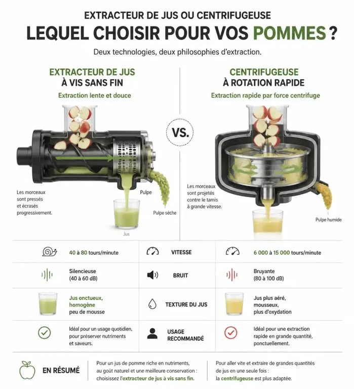 Extracteur de jus de pomme ou centrifugeuse : comparaison vis sans fin et rotation rapide