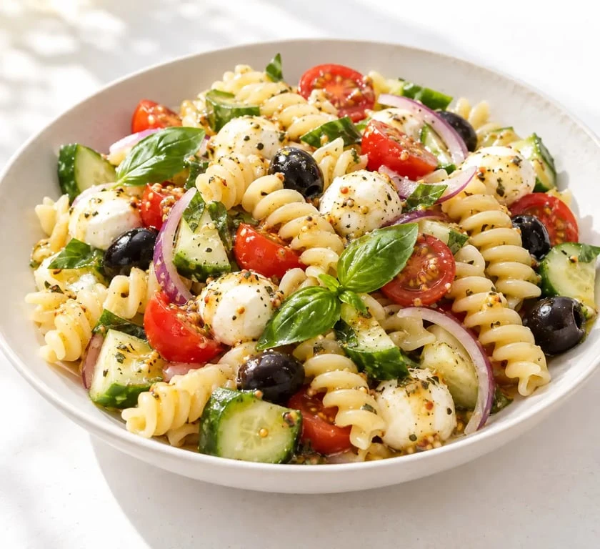 Recette de pâtes froides italienne avec tomates, mozzarella, concombre et basilic
